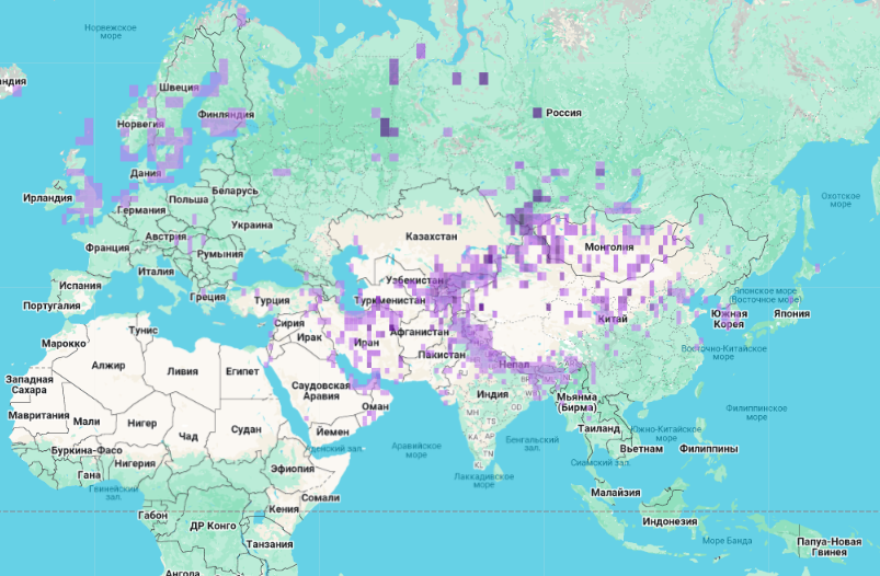 Ареал чернозобого дрозда, eBird