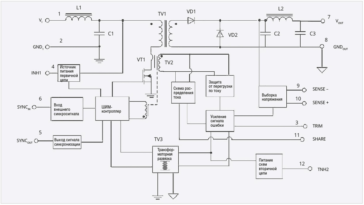 Рис. 1. Упрощённая электрическая схема одноканального модуля повышенной мощности серии LDCD/(20-50)