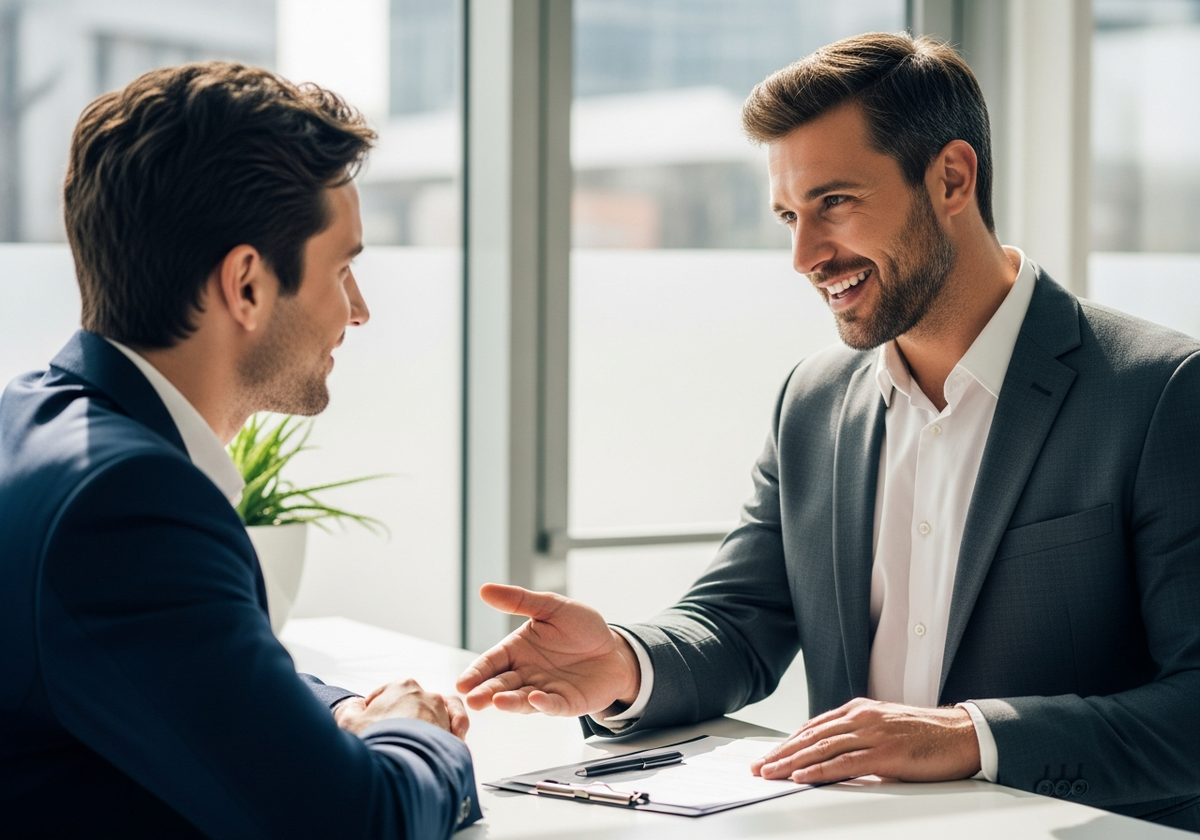 Человек объясняет условия аренды автомобиля