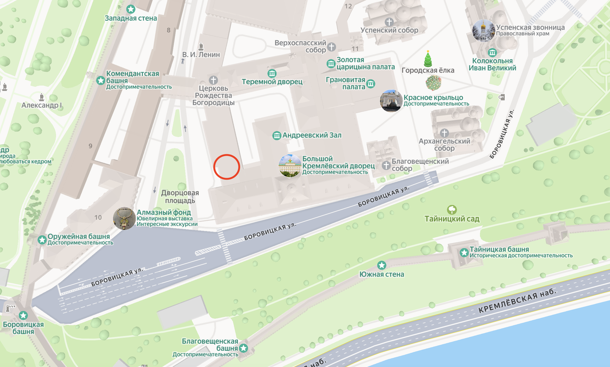 Расположение башни на современной карте Москвы. Выделено красным кружочком. Яндекс.Карты.