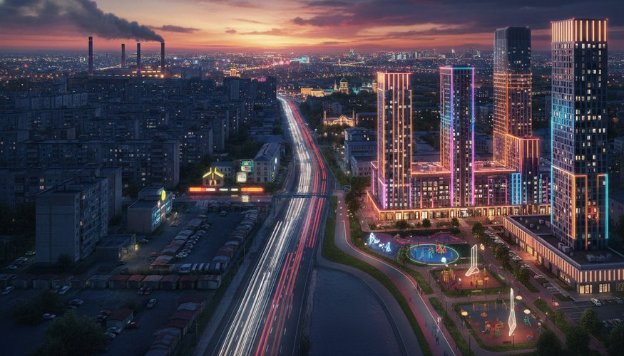 «город-спутник», «пробки», «население 200 тысяч».