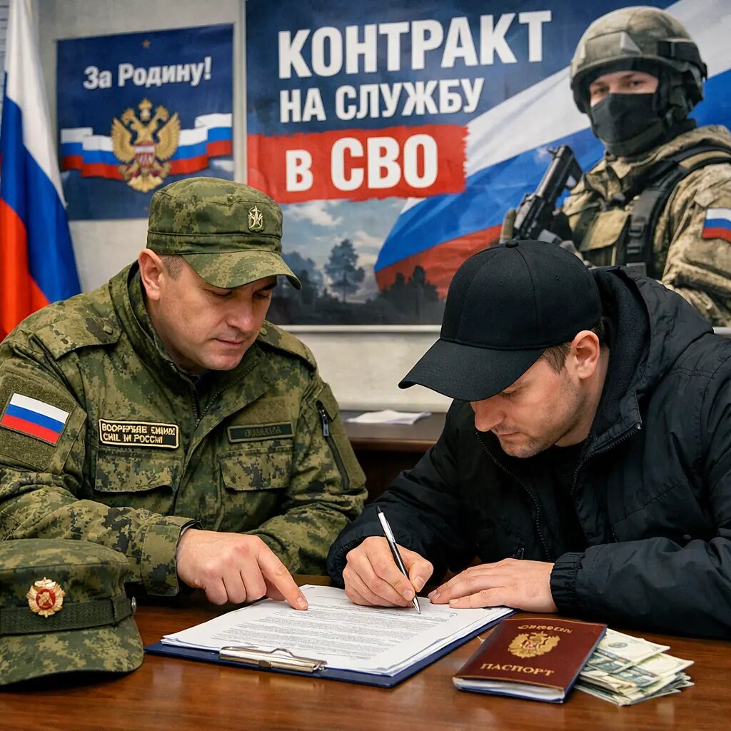 Заключение контракта на службу по СВО в России, подписание документов в военкомате
