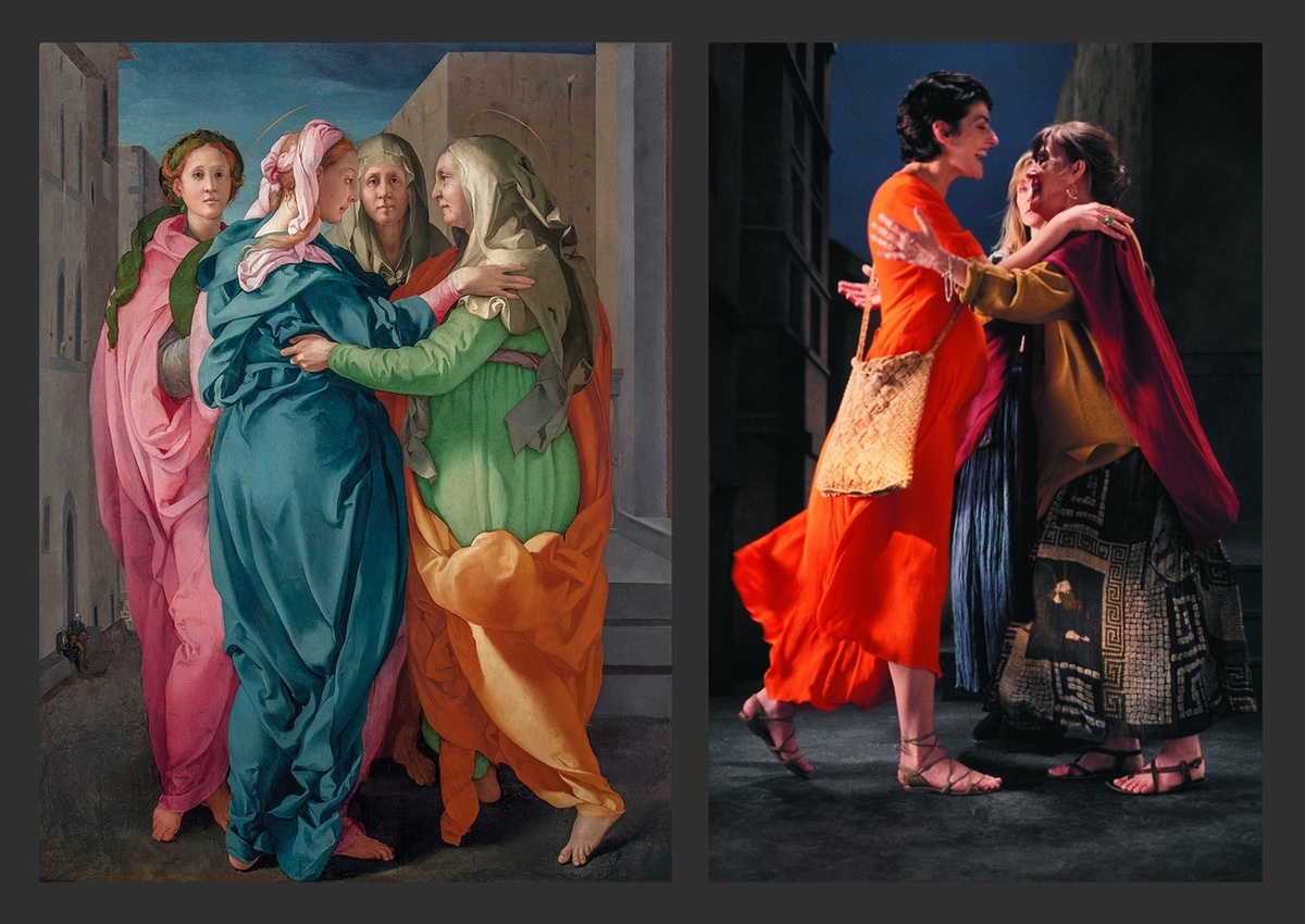 1. Встреча Марии и Елизаветы. Якопо Понтормо. Ок. 1528–1530. 2. Встреча. Кадр из видеоинсталляции. Билл Виола. 1995