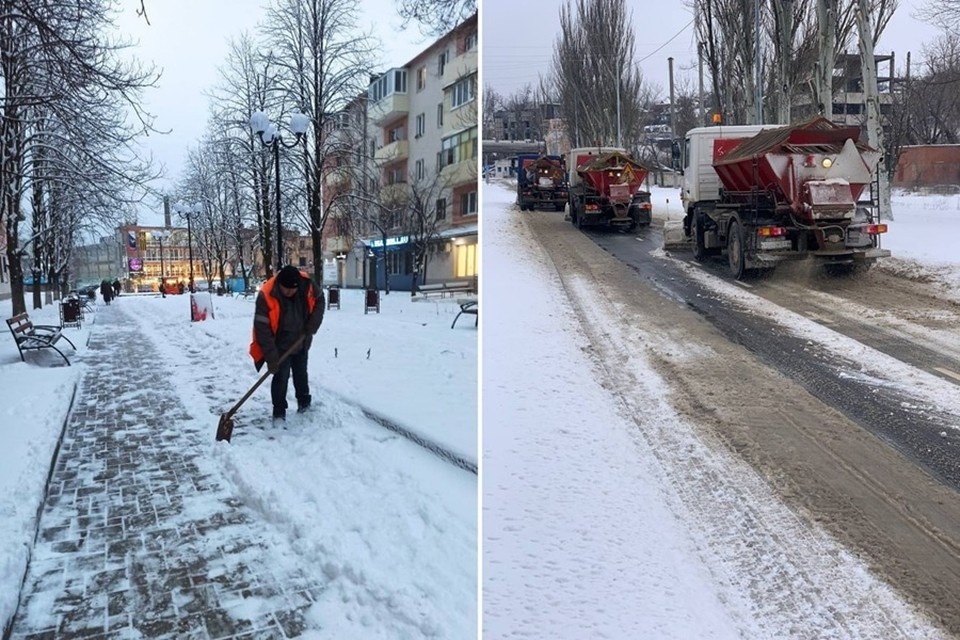    Более сотни коммунальщиков расчищают от снега парки, скверы и площадки Мариуполя. Фото: ТГ/Кольцов
