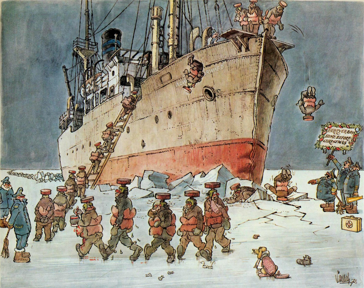 КАРИКАТУРА ОТ ЯНА САНДЕРСА /   Jan Sanders / 1919-2000 / ЛЕДОКОЛ НА ЧЕЛОВЕЧЕСКОЙ ТЯГЕ