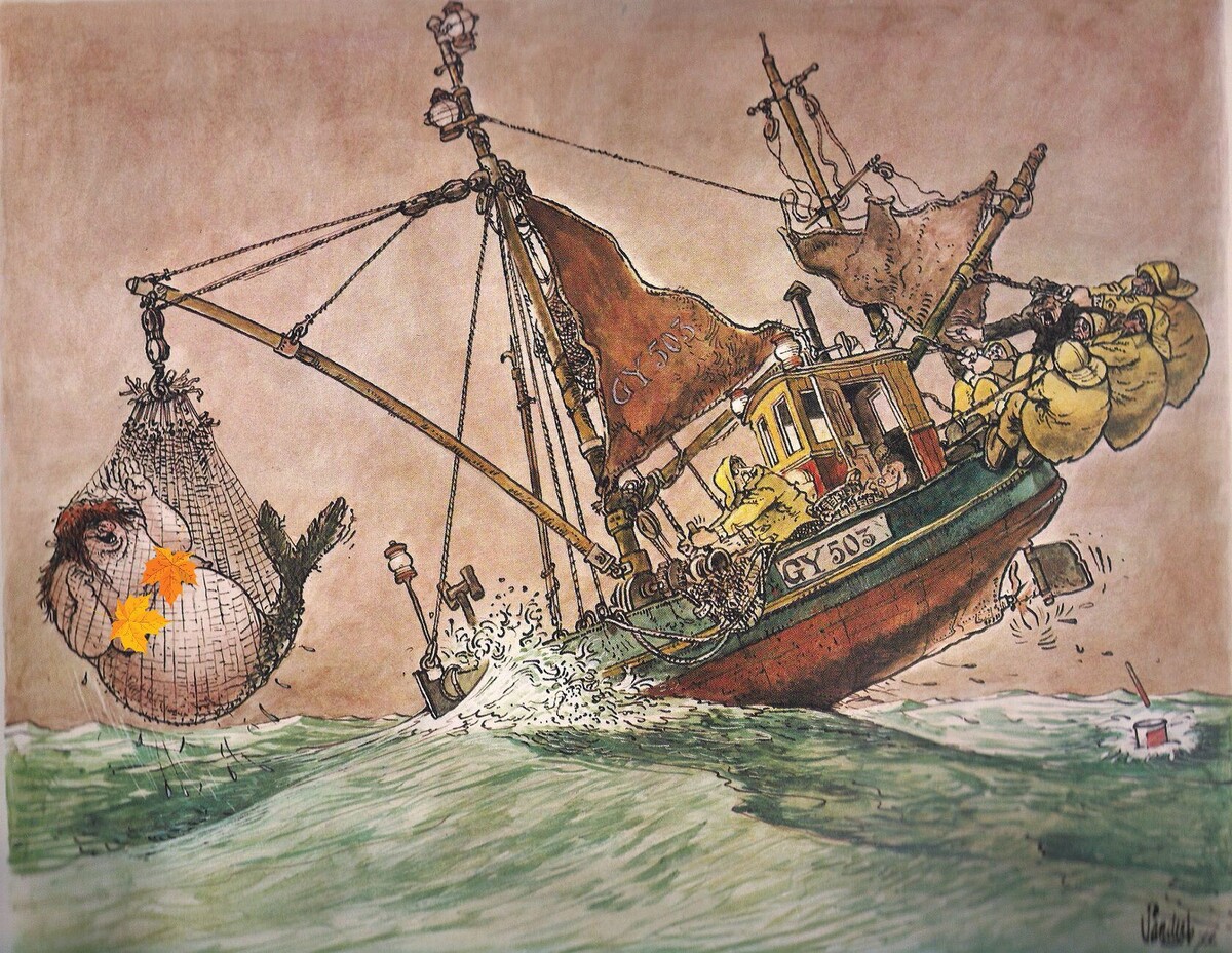 КАРИКАТУРА ОТ ЯНА САНДЕРСА /   Jan Sanders / 1919-2000 /  НАКОНЕЦ-ТО ПОЙМАЛИ РУСАЛКУ!