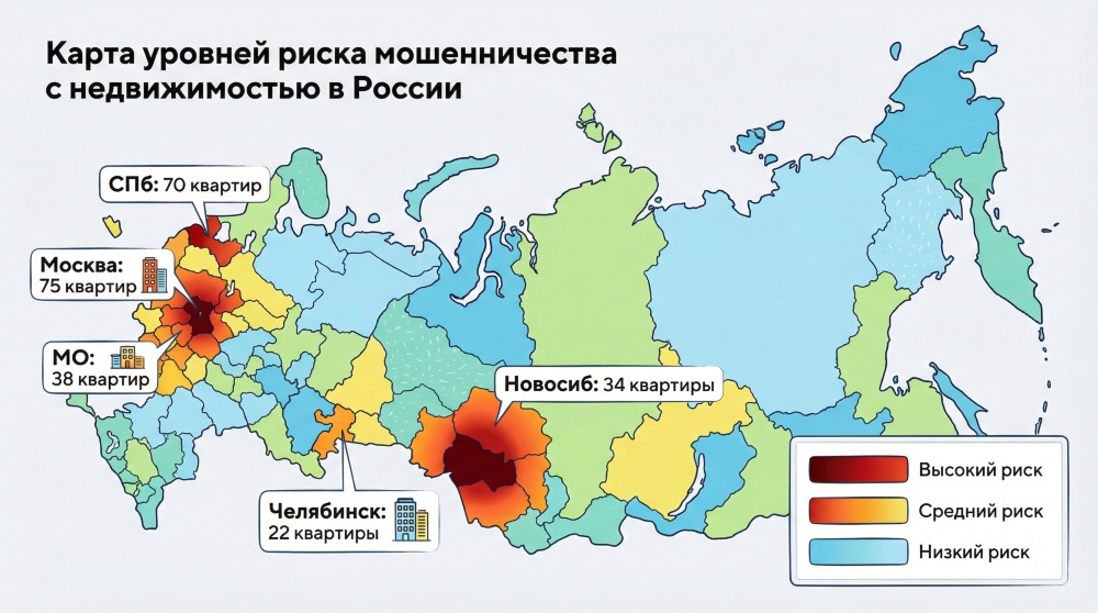    Распределение случаев мошенничества с недвижимостью по регионам России показывает концентрацию угроз в крупнейших городах страны