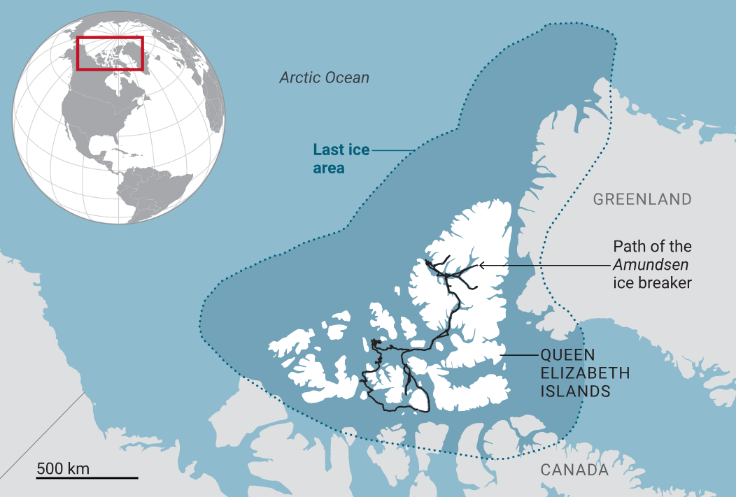 Изображение показывает Острова Королевы Елизаветы (Queen Elizabeth Islands, QEI); пунктиром выделен ареал «последней ледовой зоны», черной линией отмечен маршрут «Амундсена». Источник: science.org