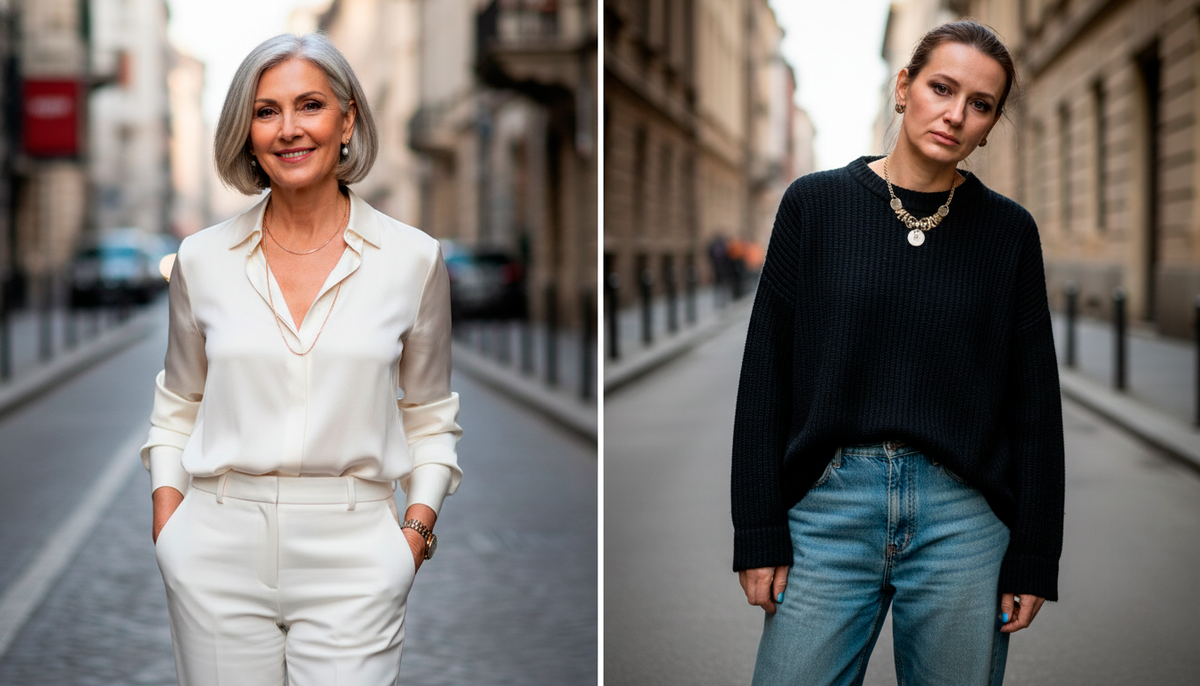 Наглядная разница: итальянка 60 лет в светлой рубашке и правильном силуэте выглядит на 45. Россиянка 45 лет в темном балахоне — на 60. Одежда решает всё.