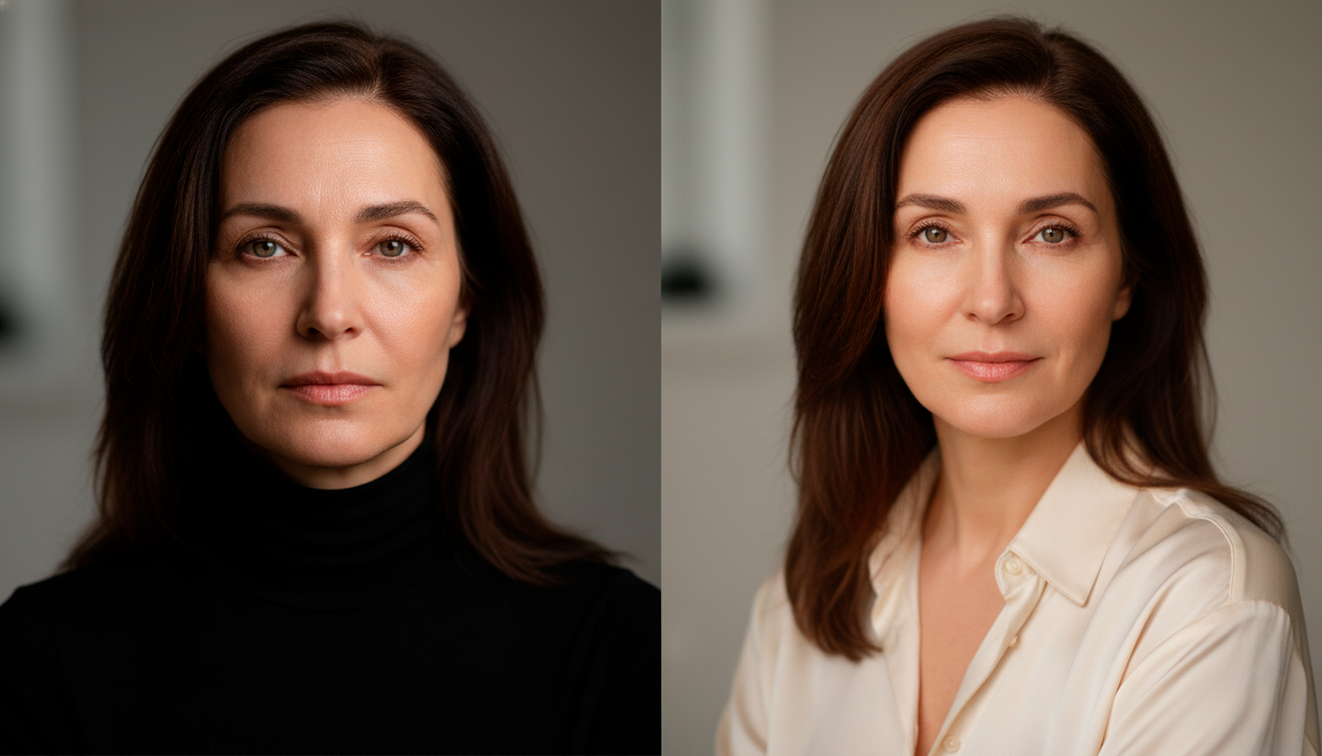 Один и тот же человек. Слева — черная водолазка подчеркивает усталость и морщины. Справа — кремовая блузка освежает лицо. Цвет у лица творит чудеса.