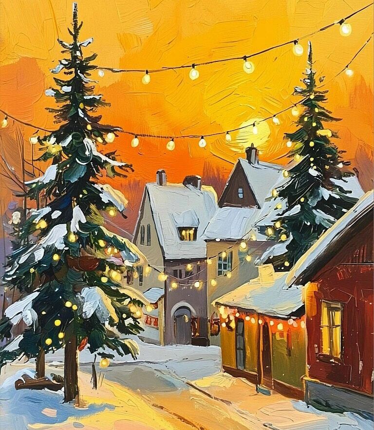 По вечерам ещё светят веселые огоньки уличных гирлянд. Создано Шедеврум. 