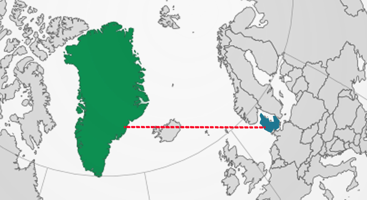 Наглядная картинка разницы в площади Дании (справа) и Гренландии (слева). Фото Яндекс.Картинки. 