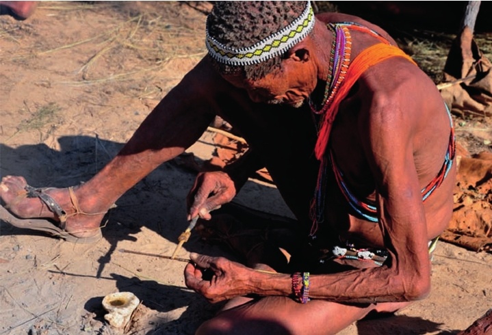 Южноафриканский охотник народности сан готовит отравленную стрелу.