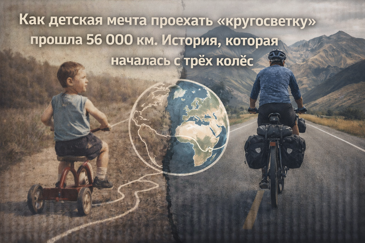 Детская мечта и взрослое воплощение: мальчик на трехколесном велосипеде и велосипедист в кругосветном путешествии по дороге среди гор. Метафора пути от идеи к свершению.