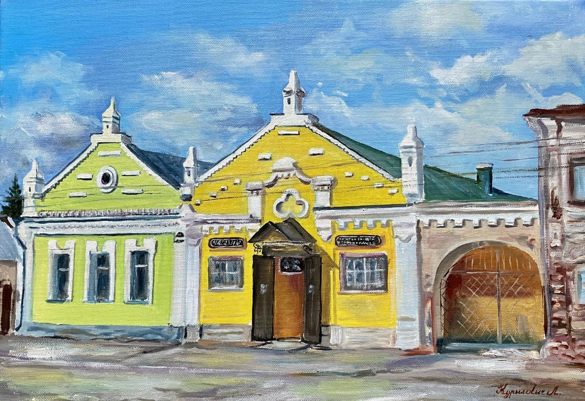 Яркие дома в Кимрах, материалы: холст, масло, размер: 35 х 50 см. Источник: https://artsreda.ru