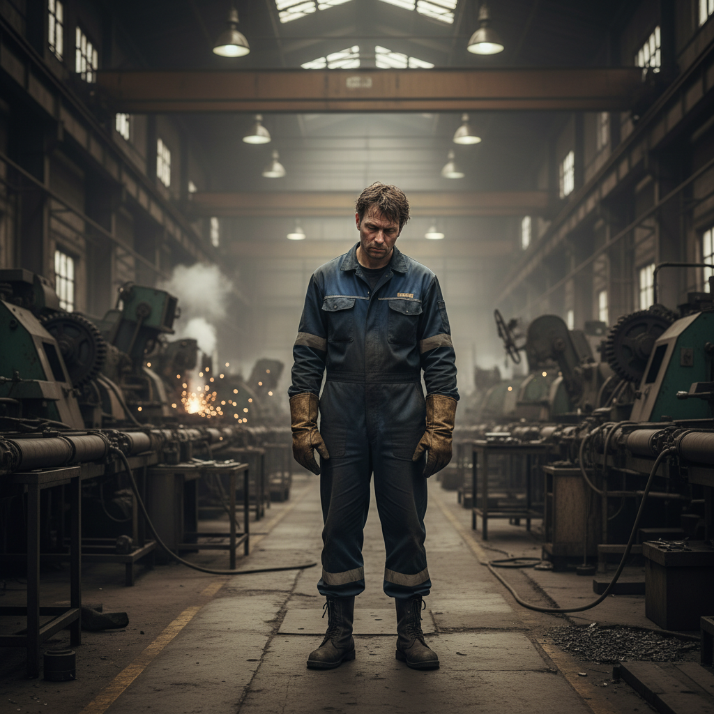 Уставший заводской рабочий