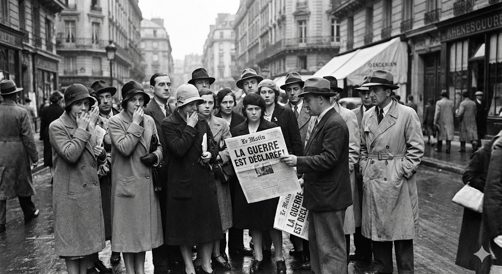 Парижане узнают о войне. В отличие от 1914 года, патриотического подъема не было. Было лишь мрачное предчувствие беды