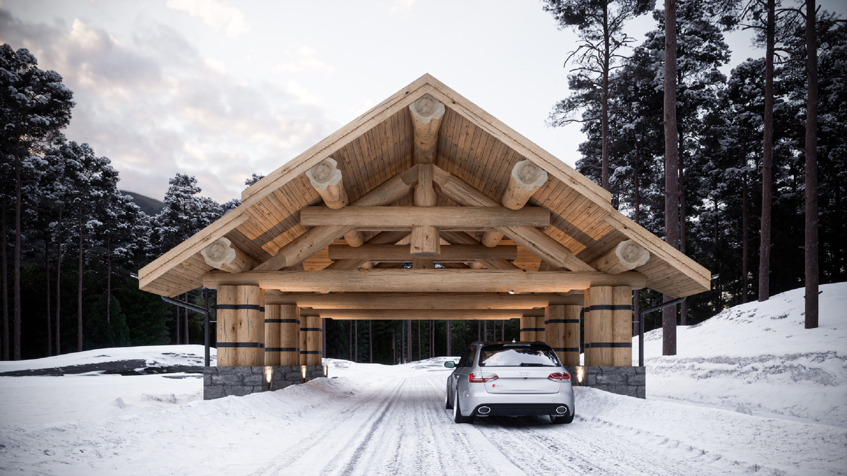 Деревянный навес Вега по технологии Post&Beam. Визуализация проекта