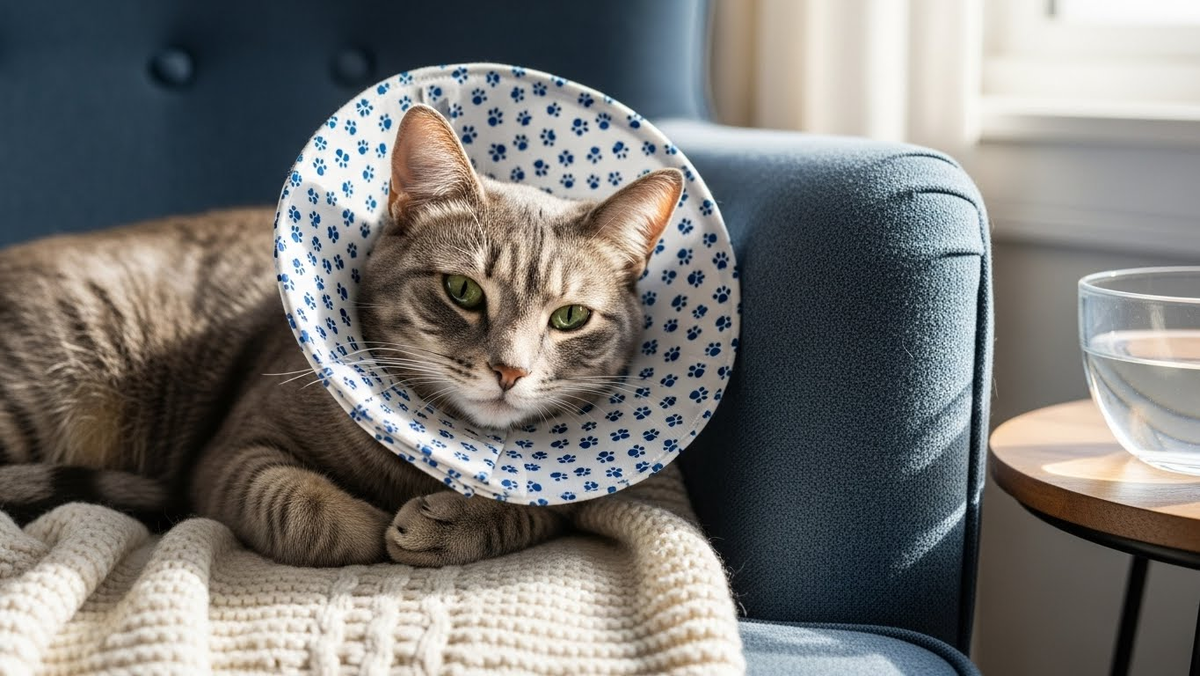 Защитный воротник — не прихоть врача, а необходимость. Кот инстинктивно будет вылизывать рану, что может привести к воспалению. Носить нужно 5-7 дней — до полного заживления.