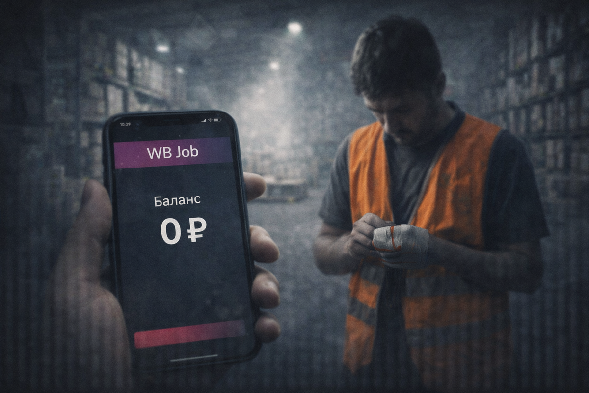 Мужчина в оранжевой жилетке на мрачном складе Wildberries смотрит на порезанный палец. На экране его телефона приложение WB Job с нулевым балансом
