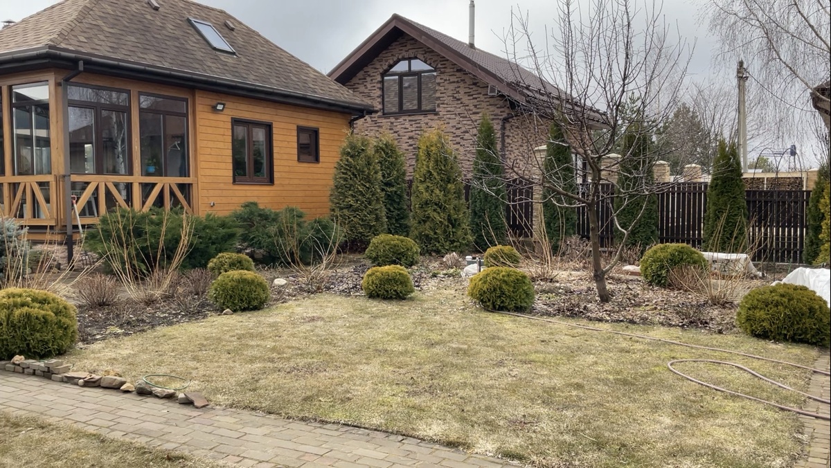 По периметру и углам клумбы- золотистая шаровидная туя Мириам. На заднем плане вдоль забора Смарагды и золотистая туя Еллоу Рибон.