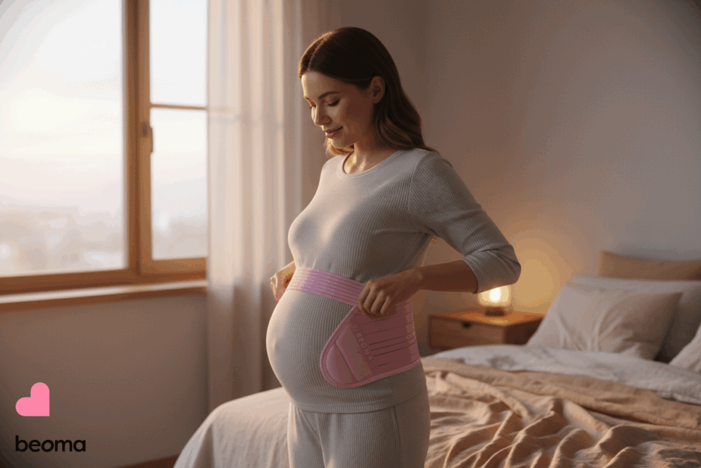    stilnaya_beremennost_sekrety_nosheniya_bandagha_beoma_skin_pod_ofisnoy_odezhdoy Beoma