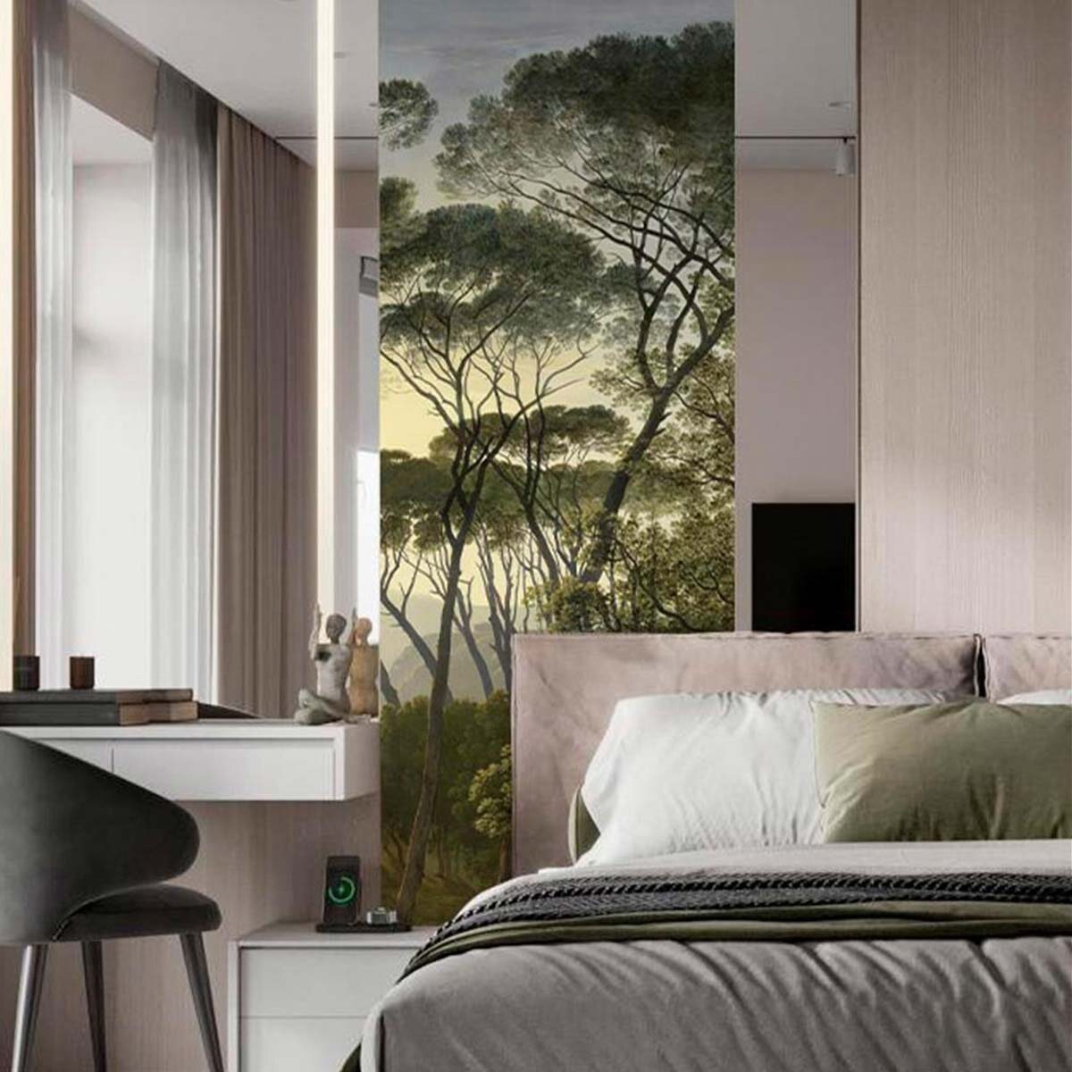 Пример интерьера с акцентными флизелиновыми фотообоями VEROL в актуальной гамме, с сочетаниями трендовых оттенков зелёного цвета. Артикул на WB: 238417698.