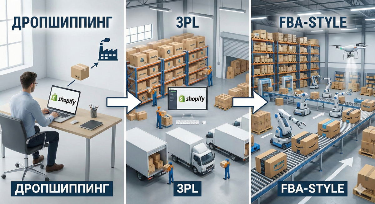 Внутренний процесс работы фулфилмент-центра для Shopify: автоматизированный склад, упаковка товаров и подготовка к международной доставке в США и Европу.