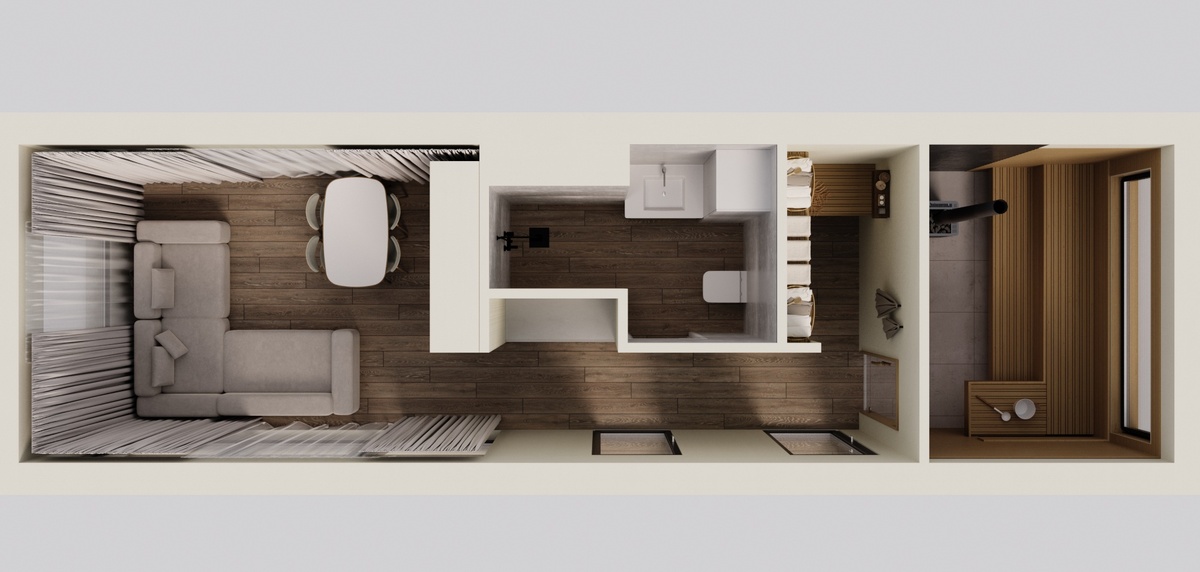 Планировка капсульно - мобильного дома с баней и печкой на дровах "Снегири"