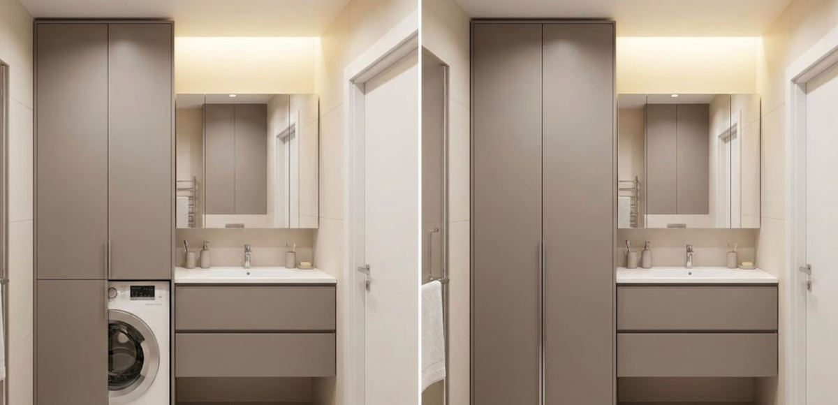 Как организовать хранение в маленькой ванной? Куда спрятать стиральную машину, корзину для белья и косметику. 5 идей эргономики санузла для идеального порядка без визуального шума