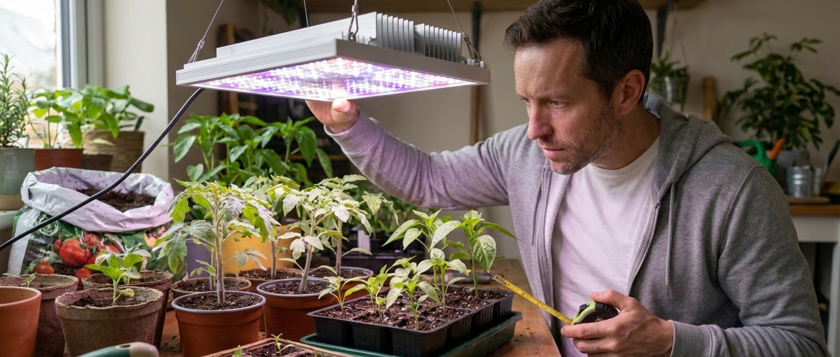 Светодиодная фитолампа над рассадой, кассеты с сеянцами и ровная засветка