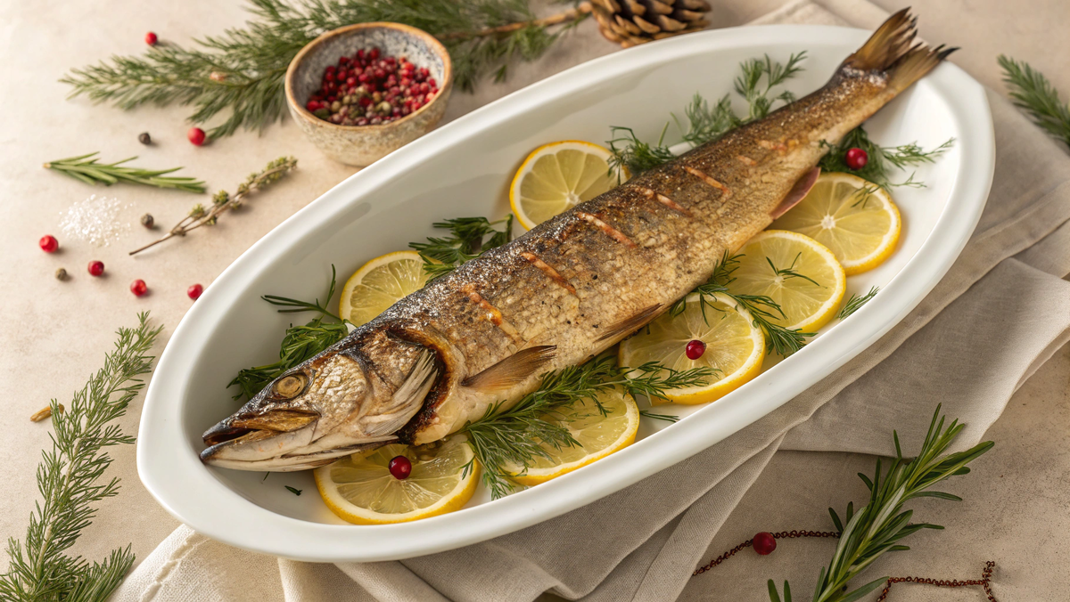 Запеченная фаршированная щука на овальном белом блюде