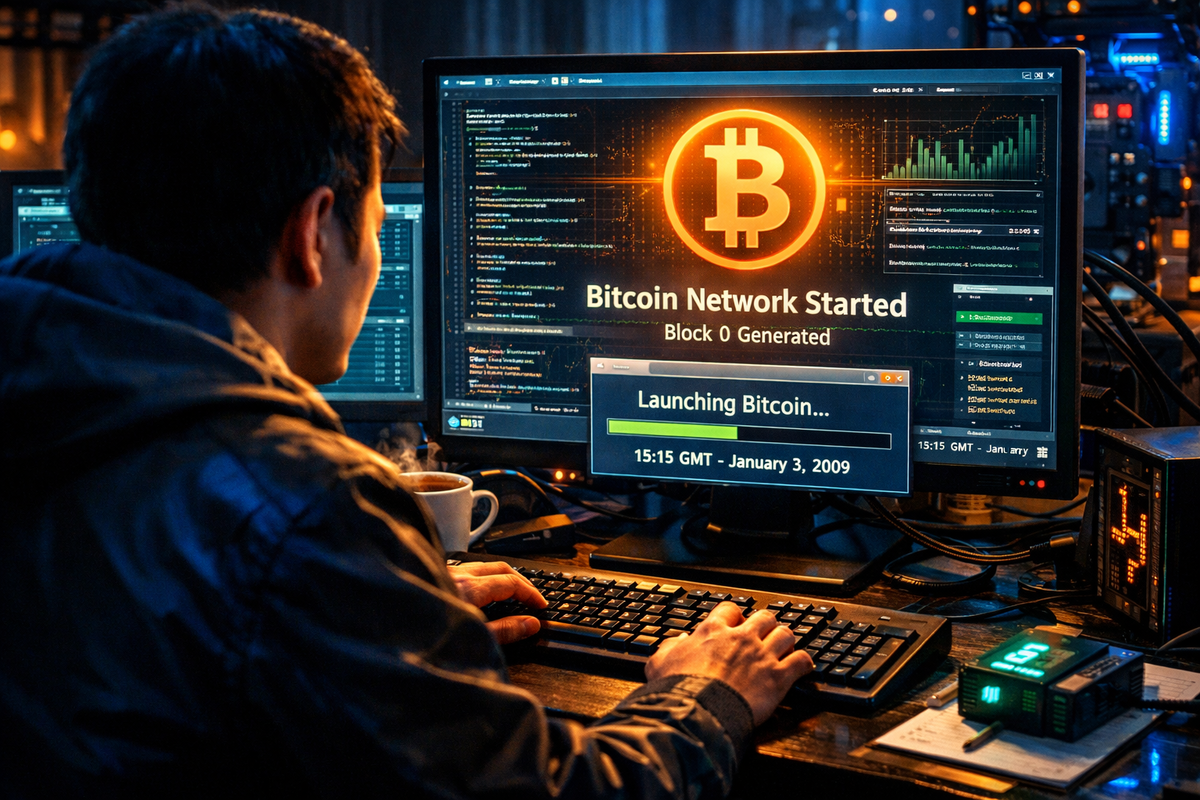 Сатоши Накамото запустил программу на своём компьютере