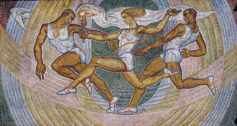 Мозаичное панно «Эстафета» (Смальта). Находится: Москва, здание бывшего Государственного центрального института физкультуры. Автор: Тутеволь К.А, 1972 г.