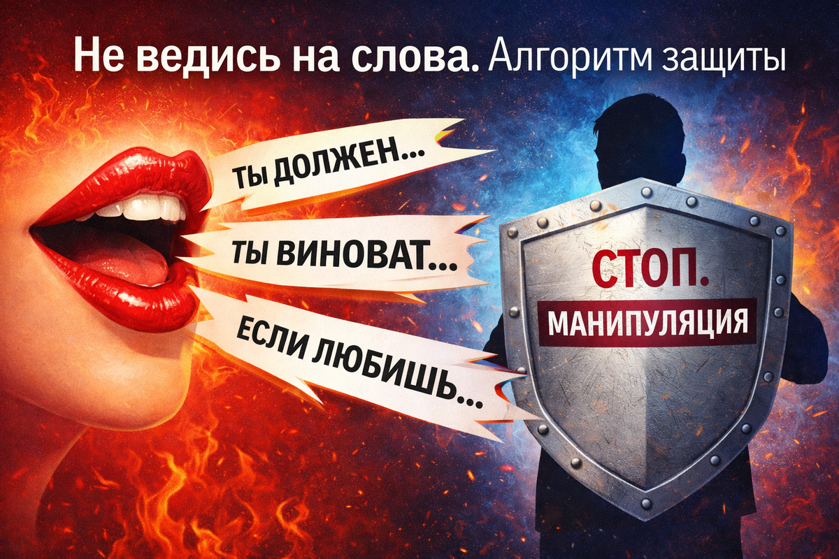 Яркая обложка. Из женских губ вылетают острые фразы-лезвия. Мужской силуэт защищается щитом с надписью "СТОП. МАНИПУЛЯЦИЯ". Заголовок: Не ведись на слова. Алгоритм защиты.