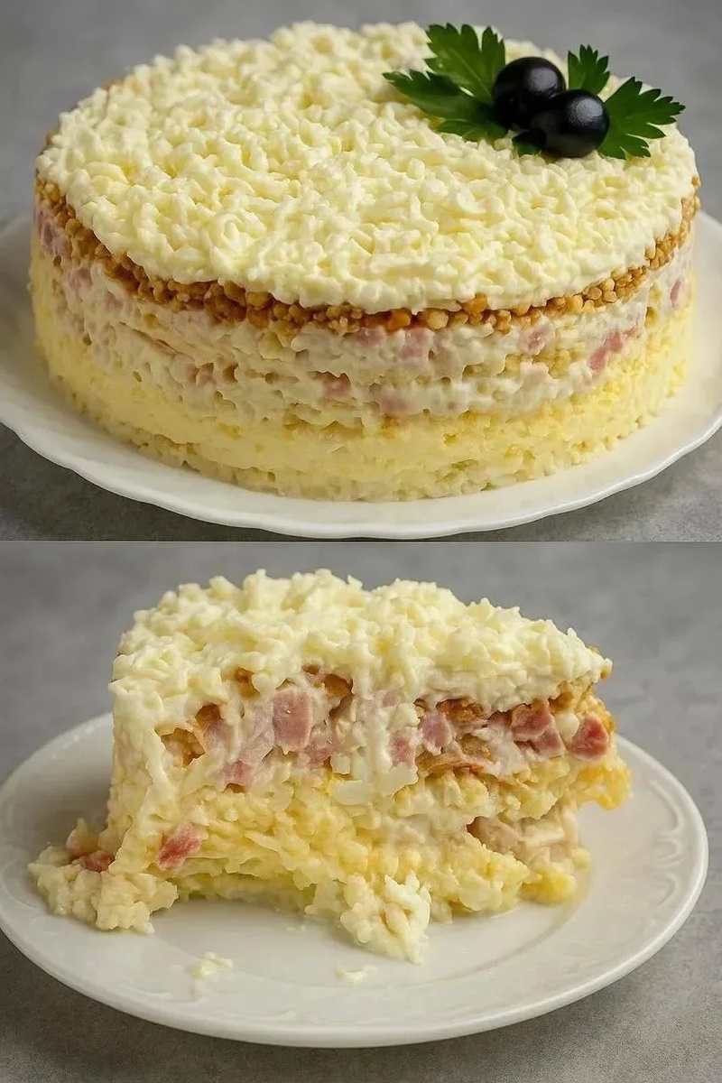 

✨Крабовые палочки — 200 г
✨Яйца (вкрутую) — 3 шт
✨Сладкое яблоко — 1 шт (большое)
✨Лук репчатый — 1 маленький
✨Ветчина — 150 г
✨Плавленый сырок — 2 шт (например, «Дружба»)
✨Грецкие орехи — 0,5 стакана
✨Майонез — по вкусу
✨Соль, перец — по вкусу

Приготовление
✔️Первый слой: натрите плавленый сырок на мелкой тёрке и выложите в салатник. Смажьте майонезом.
✔️Второй слой: натрите яичные желтки и распределите поверх. Смажьте майонезом.
✔️Третий слой: мелко нарезанный лук, майонез. 
✔️Четвёртый слой: нарежьте крабовые палочки мелкими кубиками. Майонез.
✔️Пятый слой: натрите яблоко на крупной тёрке, слегка отожмите сок и выложите. Смажьте майонезом.
✔️Шестой слой: мелко нарежьте ветчину и распределите. Майонез.
✔️Седьмой слой: натертый плавленый сырок, майонез.
✔️Восьмой слой: натрите яичные белки и распределите поверх (этот слой не смазывать).
✔️Финиш: сверху посыпьте салат обжаренными и измельчёнными грецкими орехами. Можно украсить зеленью, клюквой или тёртым сыром.
ПРИЯТНОГО АППЕТИТА!!! 