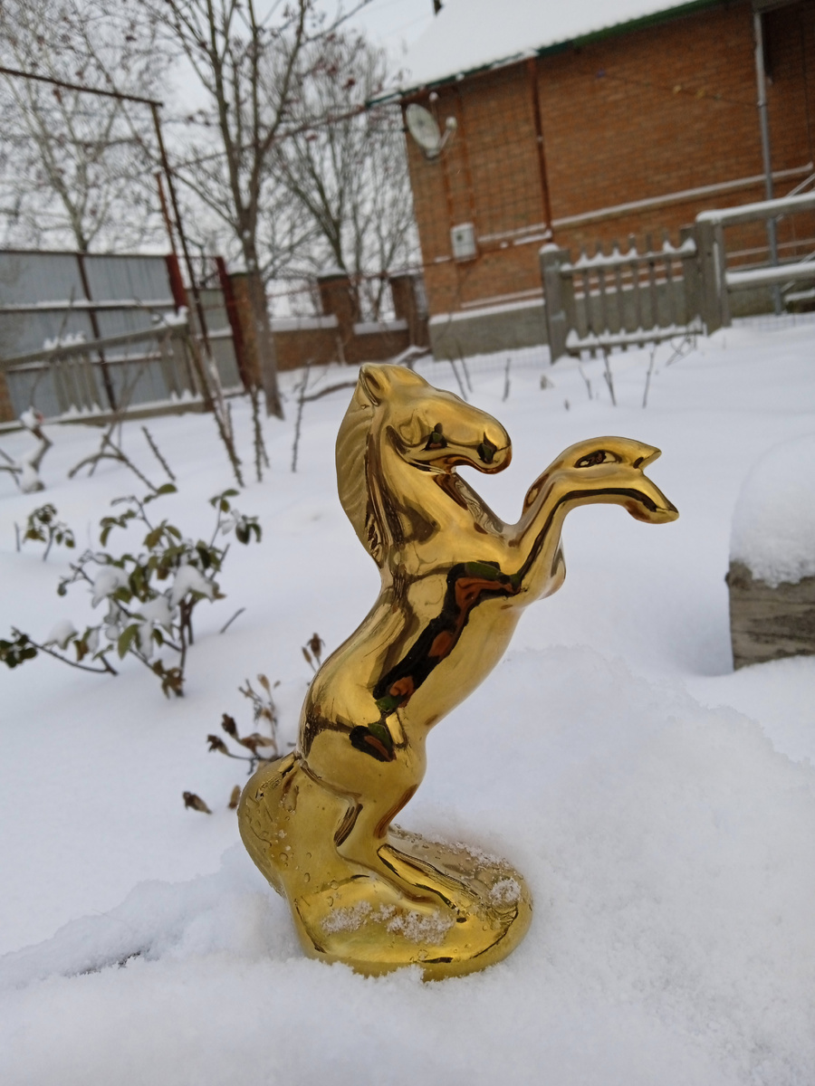 Собственное фото автора. Статуэтка-лошадка в снегу во дворе моём. 15 января 2026 г.