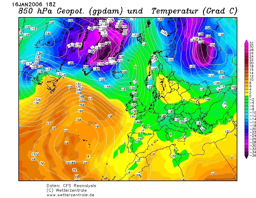 Температура на уровне изобарической поверхности 850 гПа 16.01.2006 в 18 СГВ