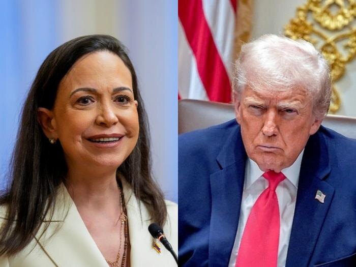 Мария Корина Мачадо и Дональд Трамп. Обложка © ТАСС / EPA / OLE BERG-RUSTEN / POOL, Shutterstock / FOTODOM / Lucas Parker