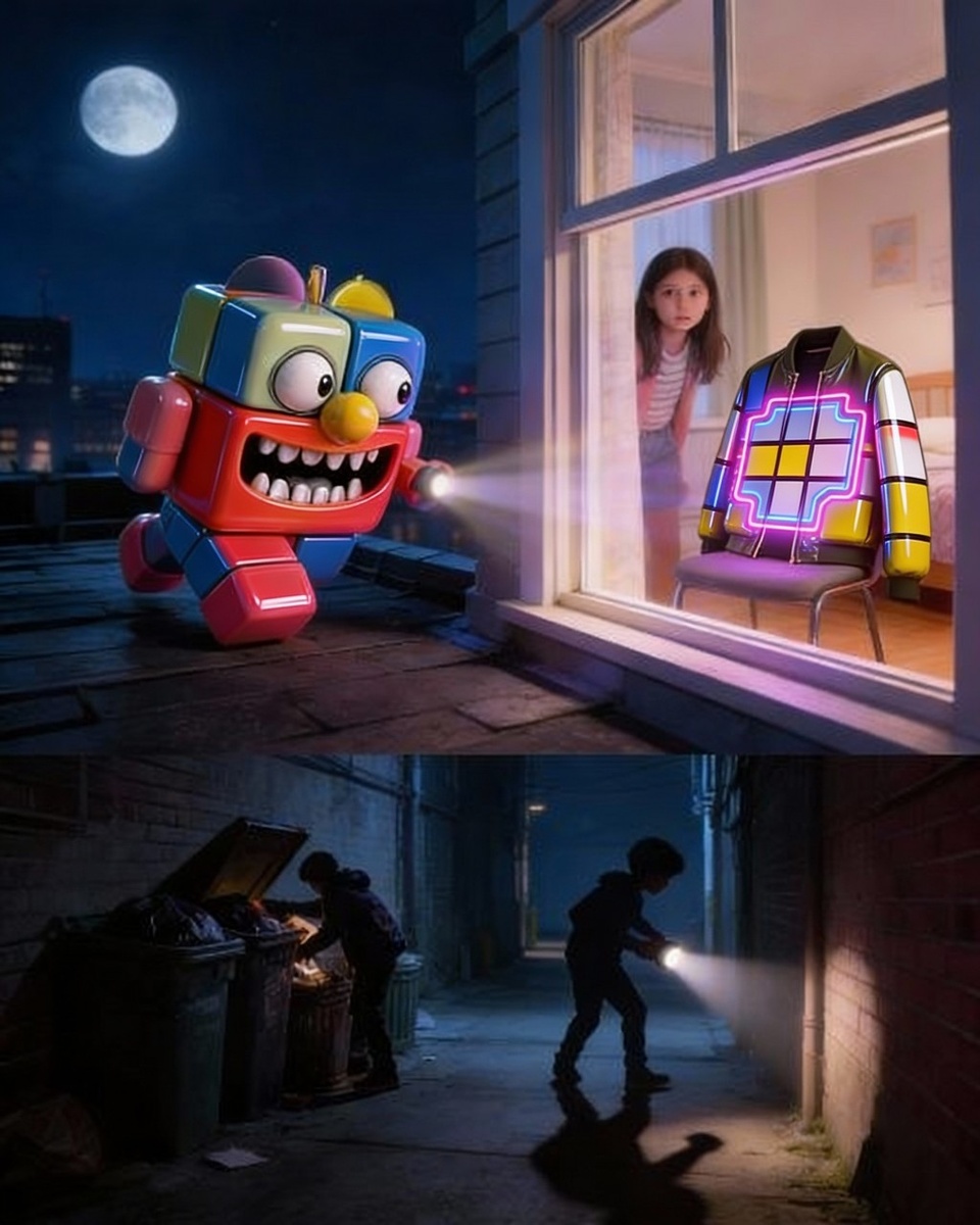 Кубиклёп с крыши наблюдает за Алисой, курткой и Марком.