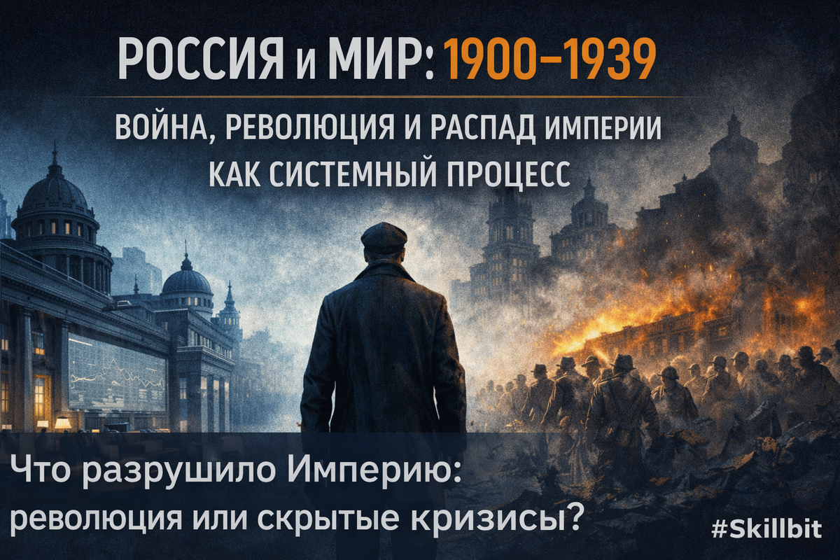 Иллюстрация к курсу по истории России начала XX века: фигура человека на фоне разделённого городского пейзажа, где слева показана архитектура поздней Российской империи, а справа — сцены войны и революционного разрушения; визуальная метафора системного кризиса, войны и распада империи в 1900–1939 годах