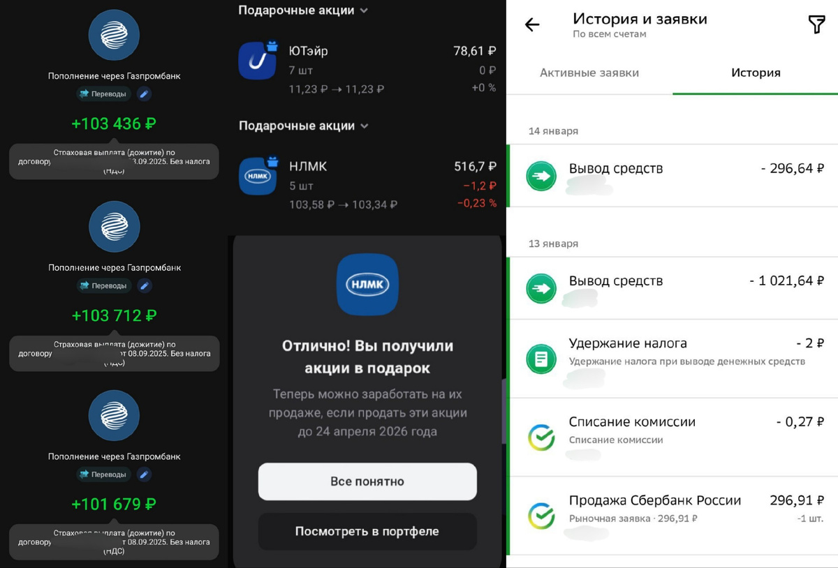 Скриншоты полученных выплат по НСЖ и подарочных акций от брокеров