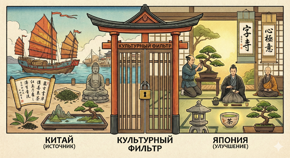 Многие японские искусства изначально... не японские. Иероглифы, чай, буддизм и даже прообраз бонсай (искусство Пэньцзин) пришли в Японию из Китая.