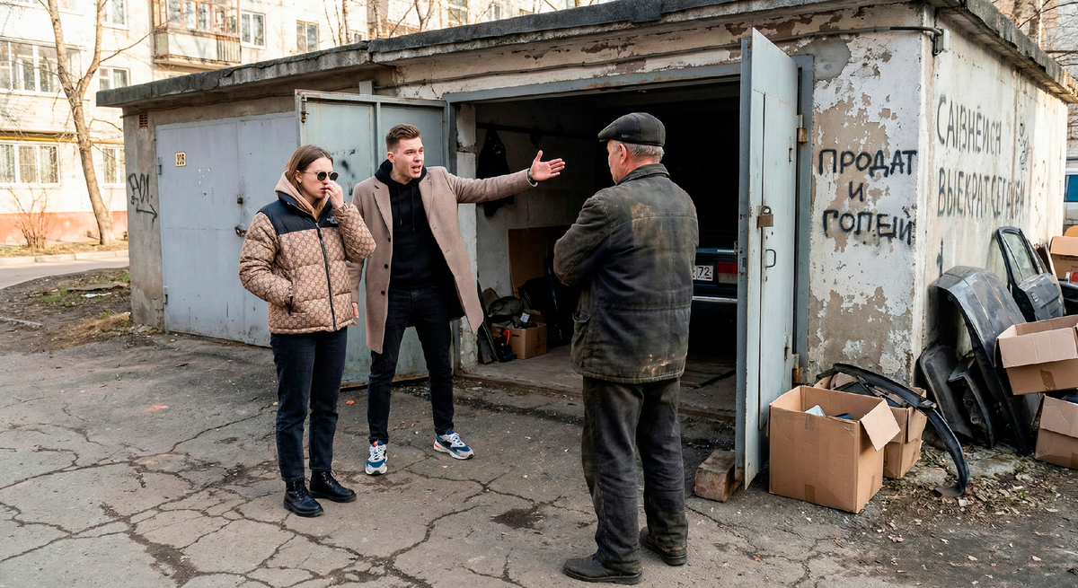 На улице у открытого гаража стоит молодая пара (наследники). Девушка брезгливо отвернулась, парень агрессивно машет руками. На переднем плане спина автора, который загораживает им вход в гараж. Конфликт поколений и ценностей.]