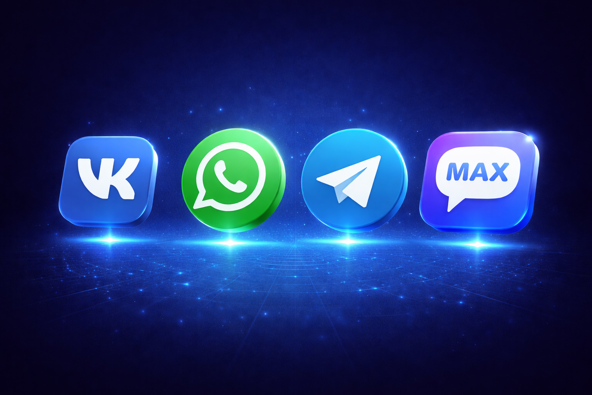 Мессенджеры для бизнес-ботов в 2026 году: VK, Telegram, MAX, WhatsApp.