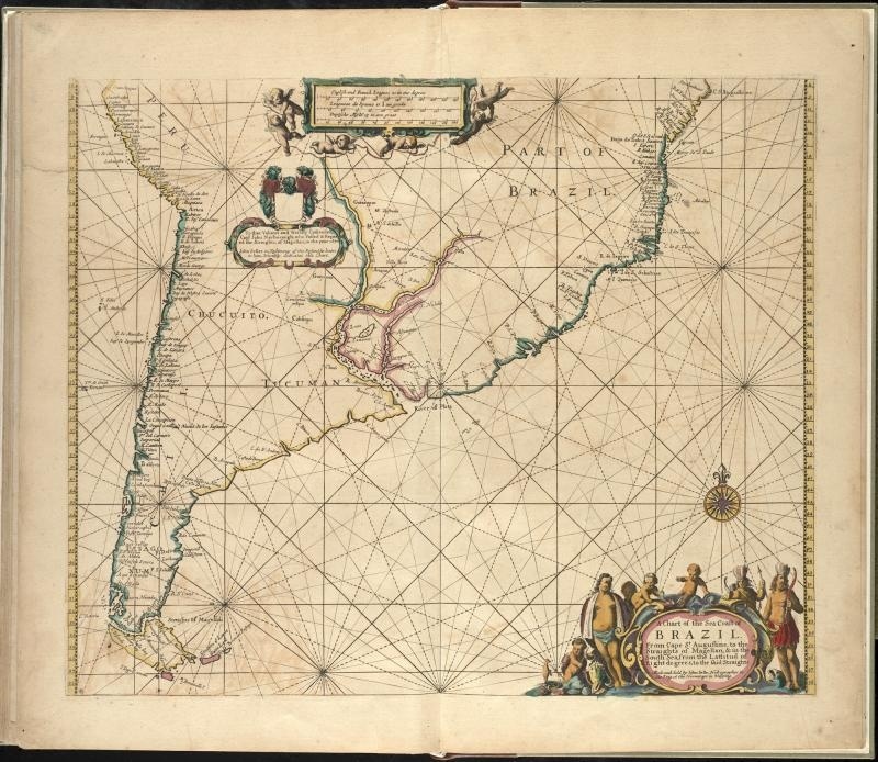 Джон Селлер, 1672 год. Рио-де-Ла-Плата примерно посередине, между жёлтым и розовым участками