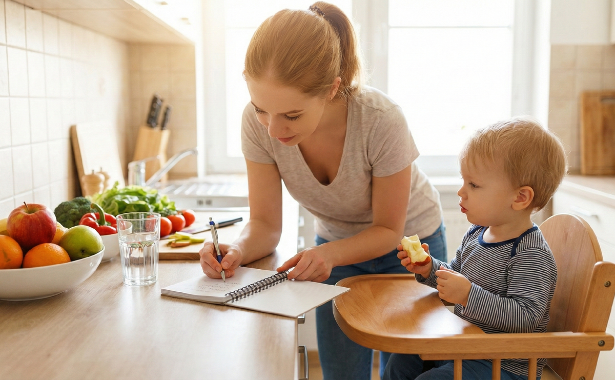 Мама записывает в пищевой дневник рацион ребенка