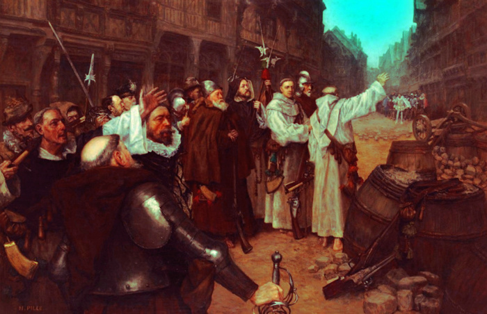 Один из эпизодов религиозных войн во Франции XVI века. В качестве исходного изображения использована репродукция картины XIX века. 