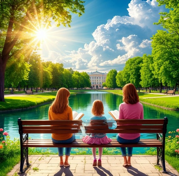 Создано нейросетью. Никак не получалось добавить салфетку с термосом, чашками, булочками и яблоками. Всё это порой оказывалось на полу, хотя просила изобразить на скамейке. Или термос...пробивал насквозь скамейку))) на этот раз ещё добавили лишнего человека - ладно, пусть будет бабушкой. 