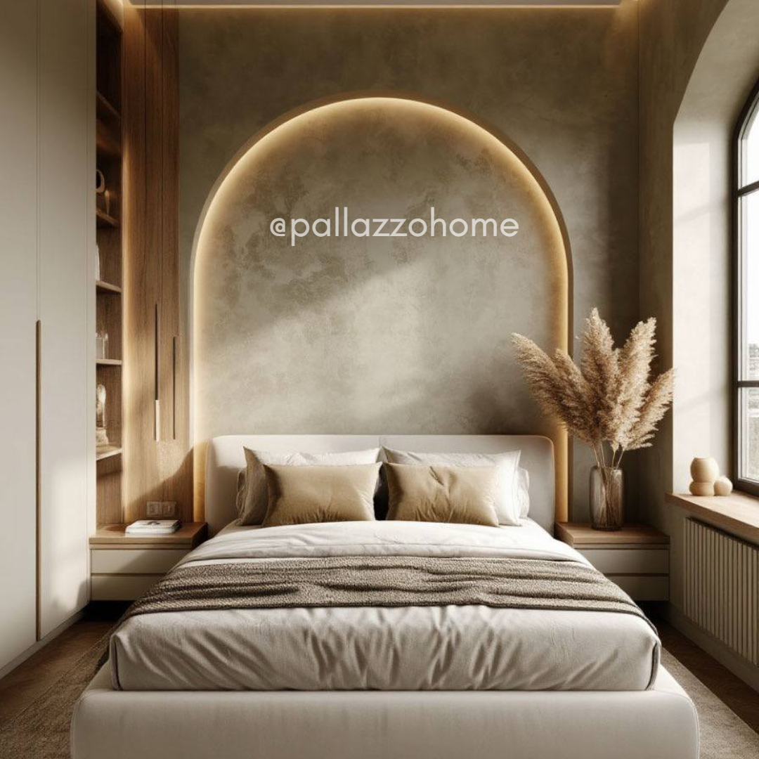 Замша на стенах в спальне: матовая декоративная штукатурка с мягкой подсветкой. Пример того, как замша работает со светом и создаёт визуальное спокойствие без глянца и отражений.